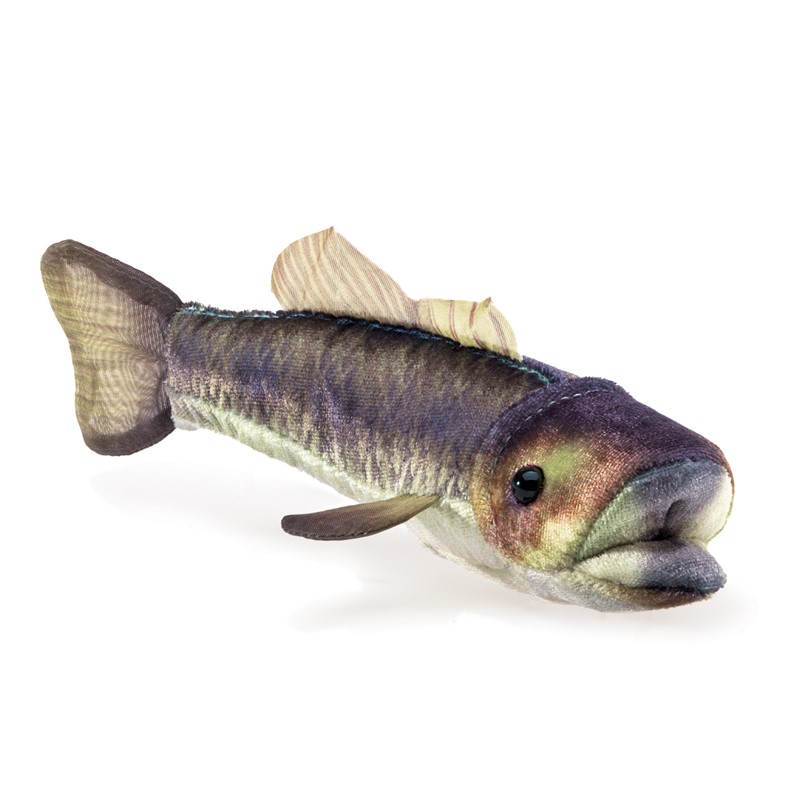 Folkmanis mini largemouth bass finger puppet shown from the side with realistic patterning in green, brown and purple