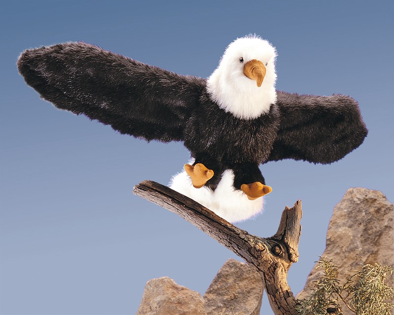 Folkmanis hand puppet bald eagle with spread black wings and white head perched on a branch