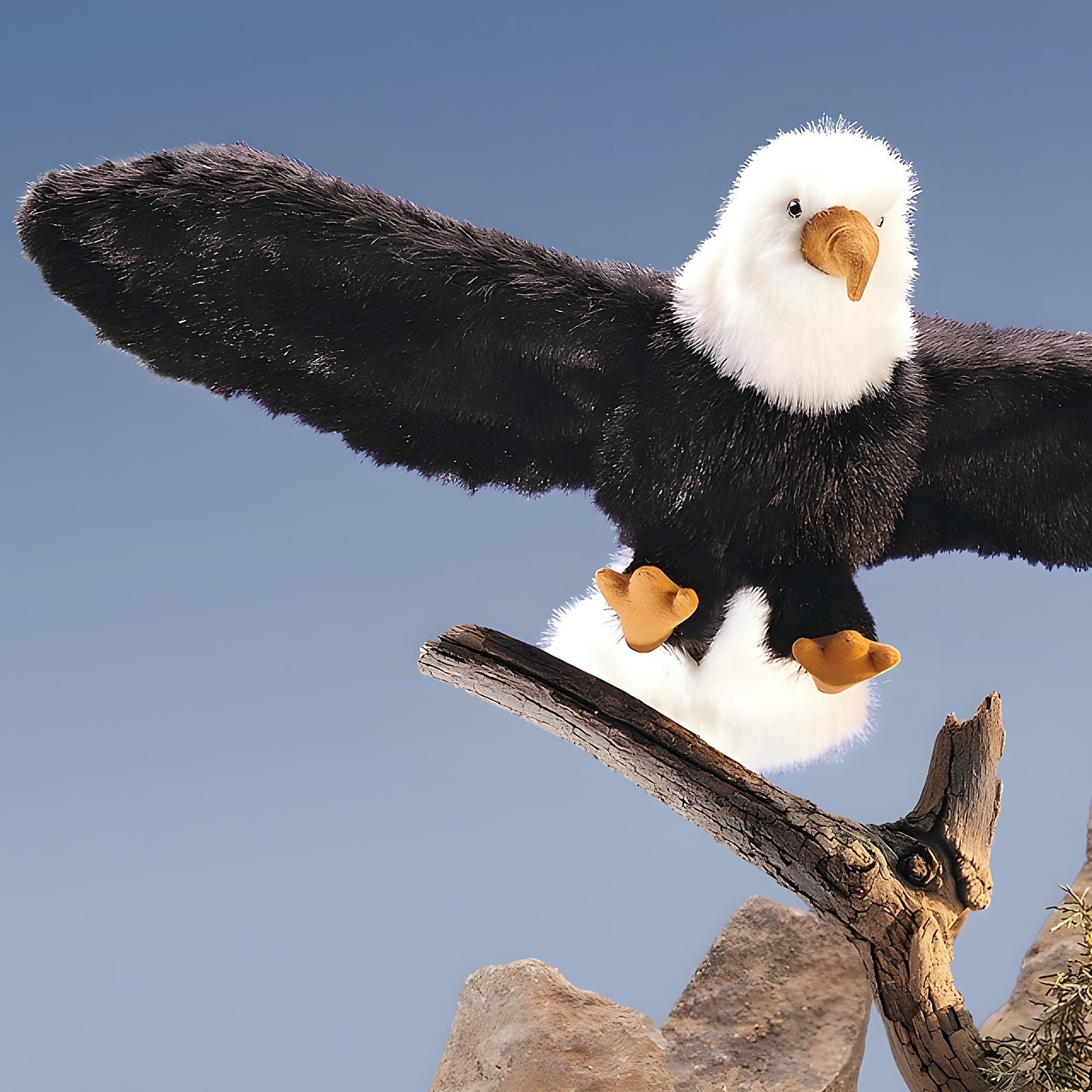 Folkmanis Handpuppe Weißkopfseeadler mit ausgebreiteten schwarzen Flügeln und weißem Kopf auf einem Ast