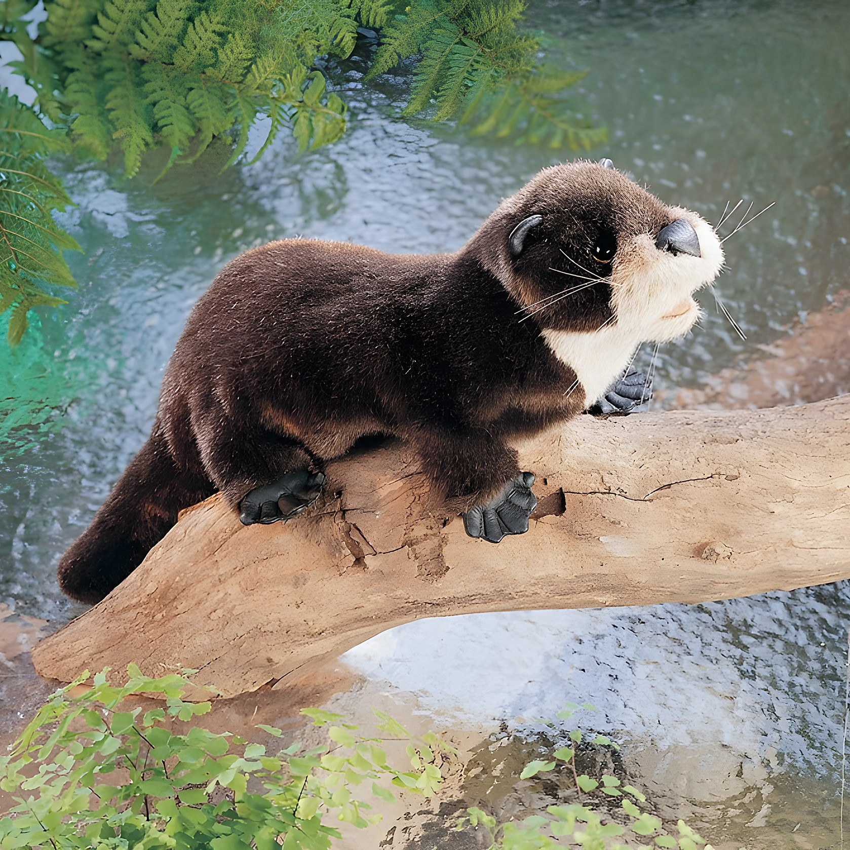 Folkmanis river otter hand puppet in dark brown plush with a light throat patch, positioned on a branch over water, side view