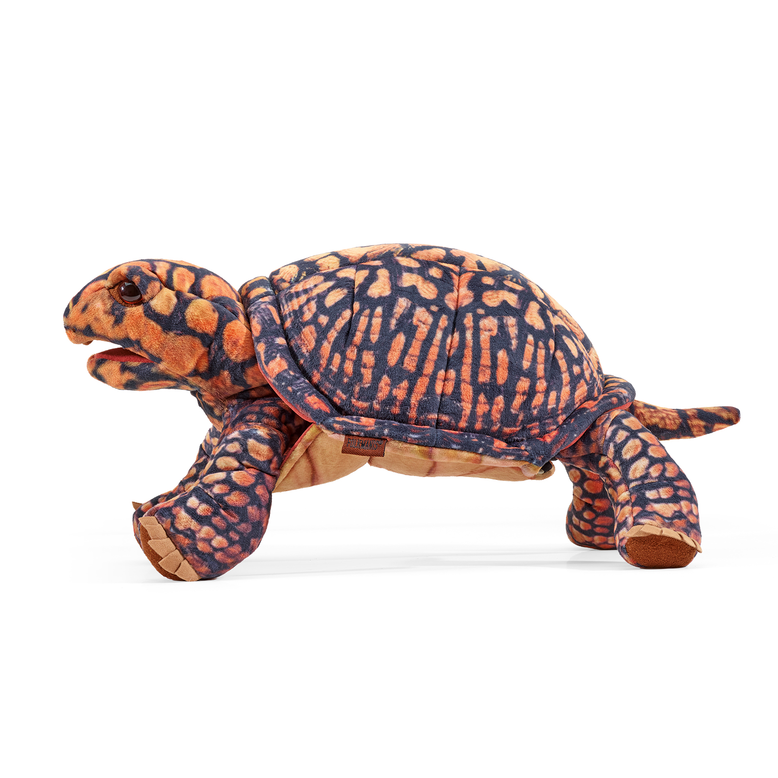 Folkmanis Handpuppe Dosenschildkröte in der Seitenansicht mit dunkelblau-orangem Schalenmuster und beweglichem Maul