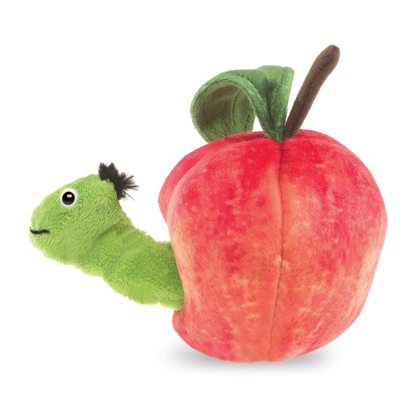 Folkmanis Fingerpuppe grüner Wurm lugt aus rotem Plüsch-Apfel mit grünem Blatt und braunem Stiel hervor