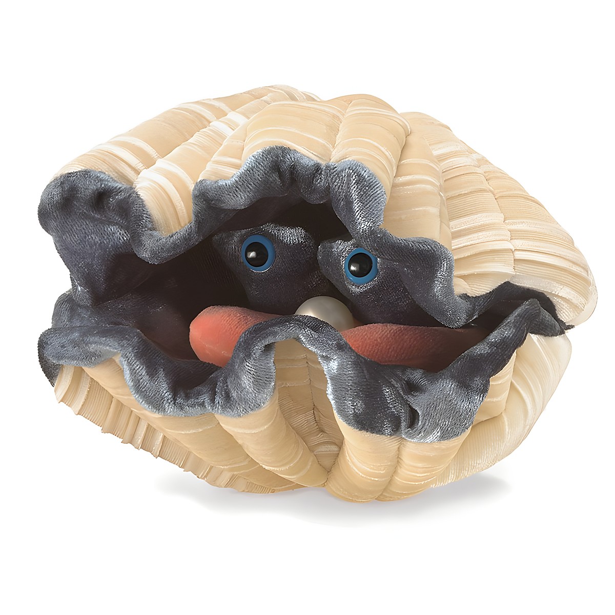 Folkmanis Handpuppe große Muschel mit grauem Weichkörper, blauen Augen und weißer Perle in geöffneter beiger Schale