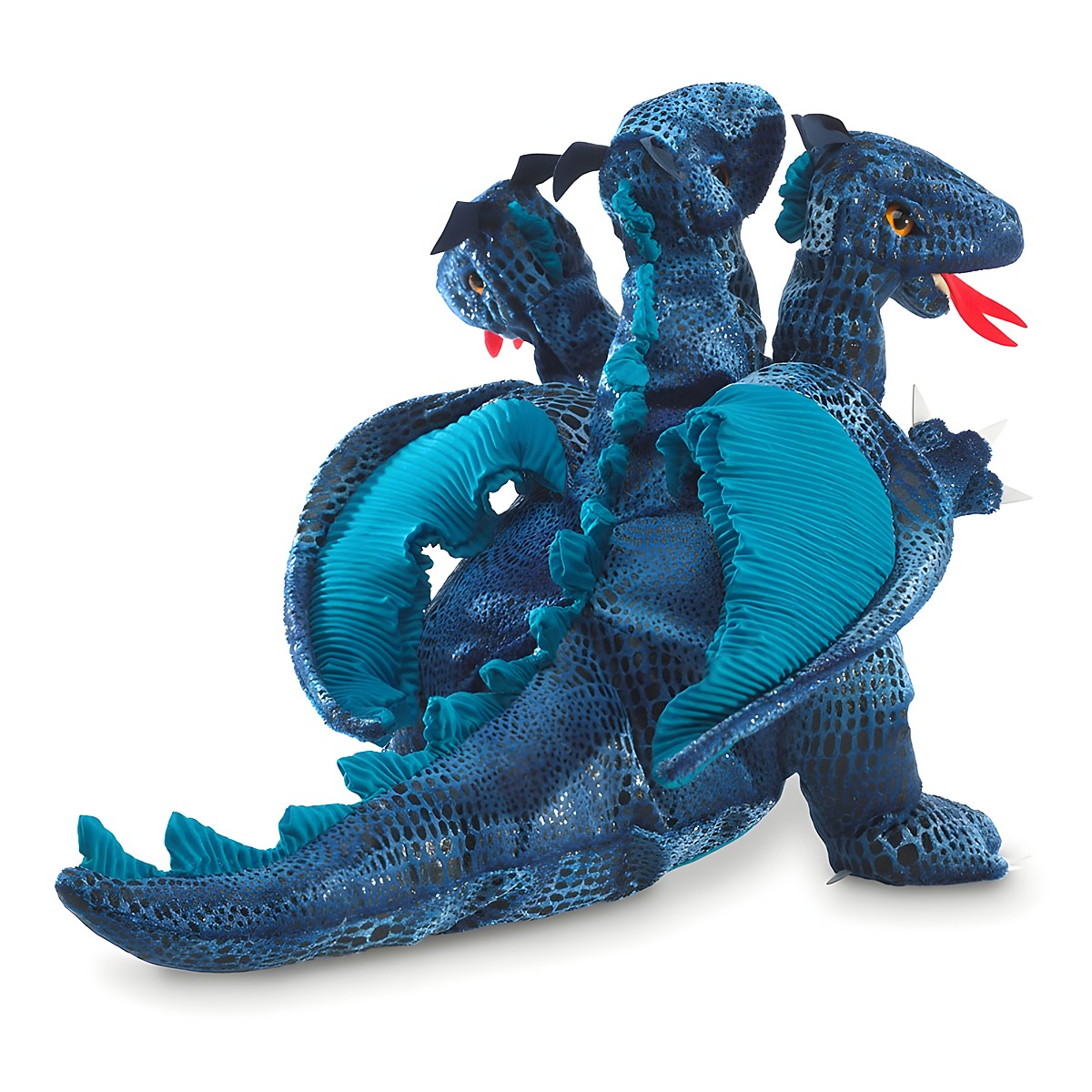 Folkmanis Handpuppe blauer dreiköpfiger Drache mit schuppigem Muster, roten Zungen und geschwungenem Schwanz, Seitenansicht