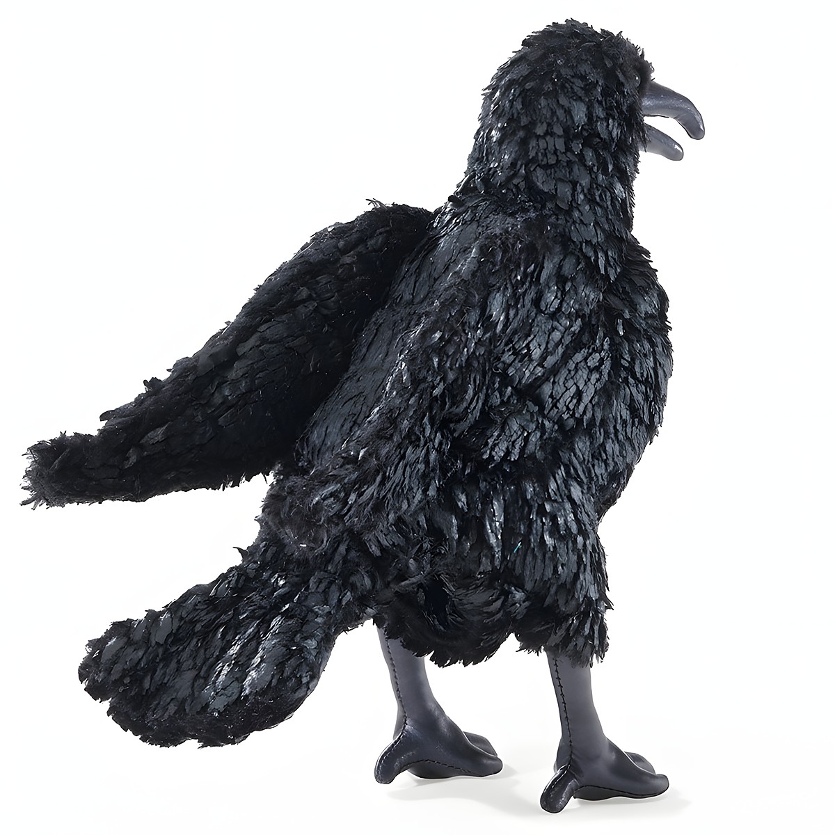 Folkmanis crow hand puppet shown from the side, fully black with textured plumage, open beak and black claws