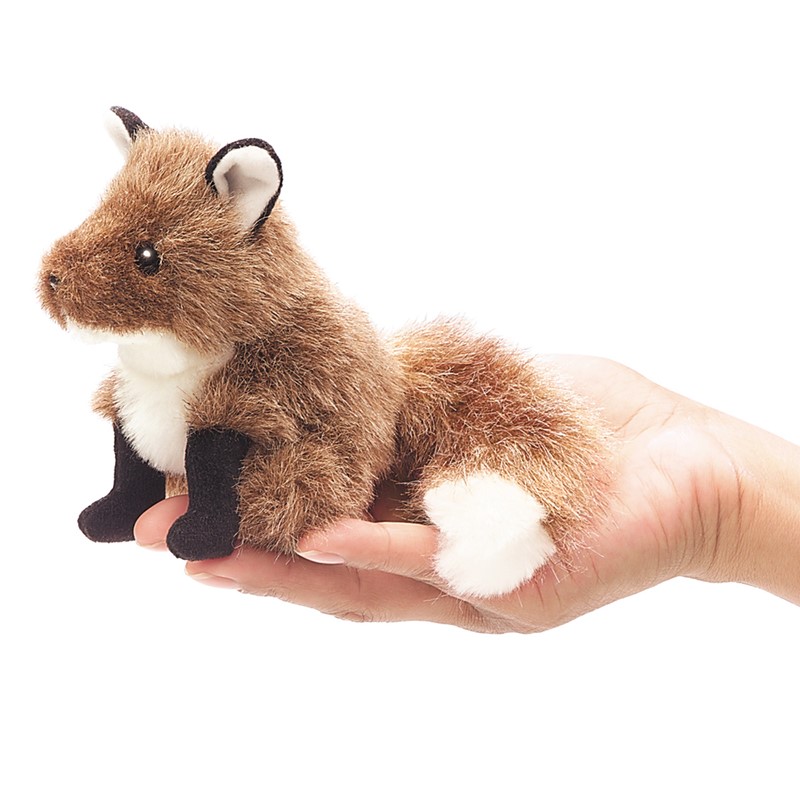 Folkmanis Mini-Fingerpuppe Fuchs in Braun-Weiß-Schwarz, sitzend auf einer Handfläche, Seitenansicht