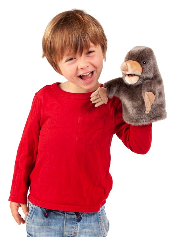 Laughing boy in a red sweater operating the Folkmanis little mole hand puppet in grey plush with a movable mouth