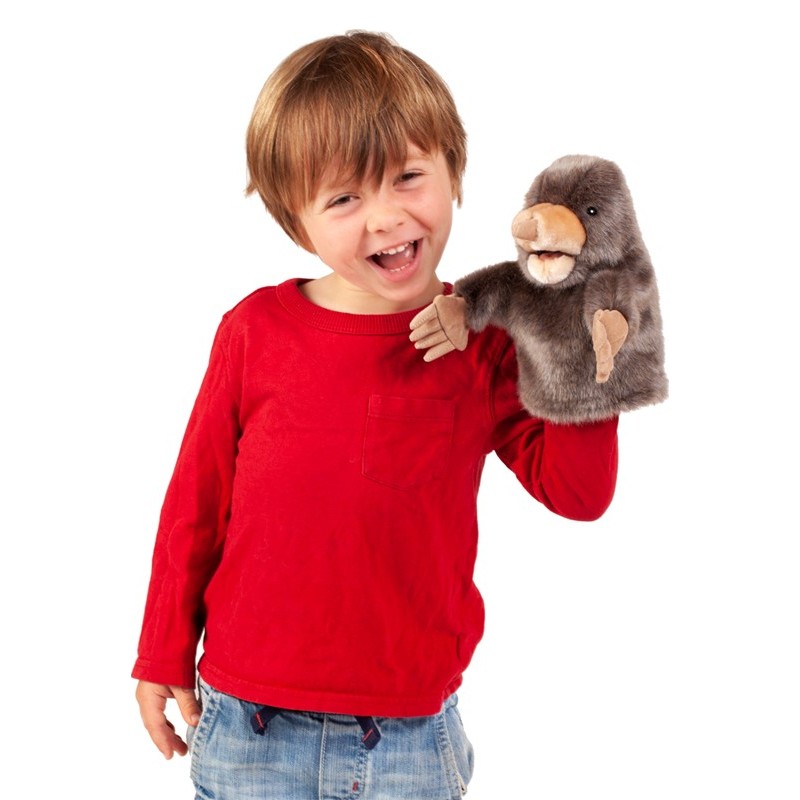 Laughing boy in a red sweater operating the Folkmanis little mole hand puppet in grey plush with a movable mouth