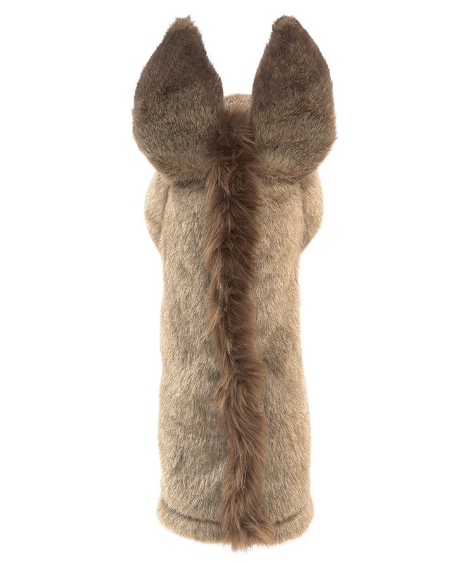 Folkmanis Esel-Handpuppe in beige-braunem Kunstfell, Rückenansicht mit dunkler Mähne und aufgestellten Ohren