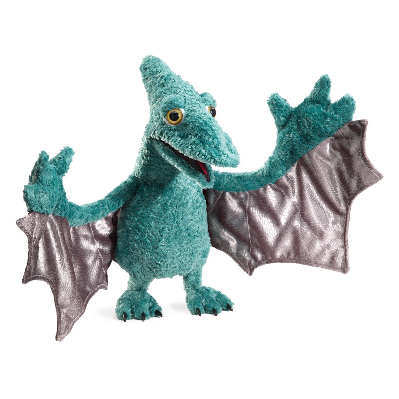 Folkmanis Handpuppe Flugsaurier in Türkis mit ausgebreiteten Flügeln aus grauem Satinstoff, geöffnetem Maul und Krallen