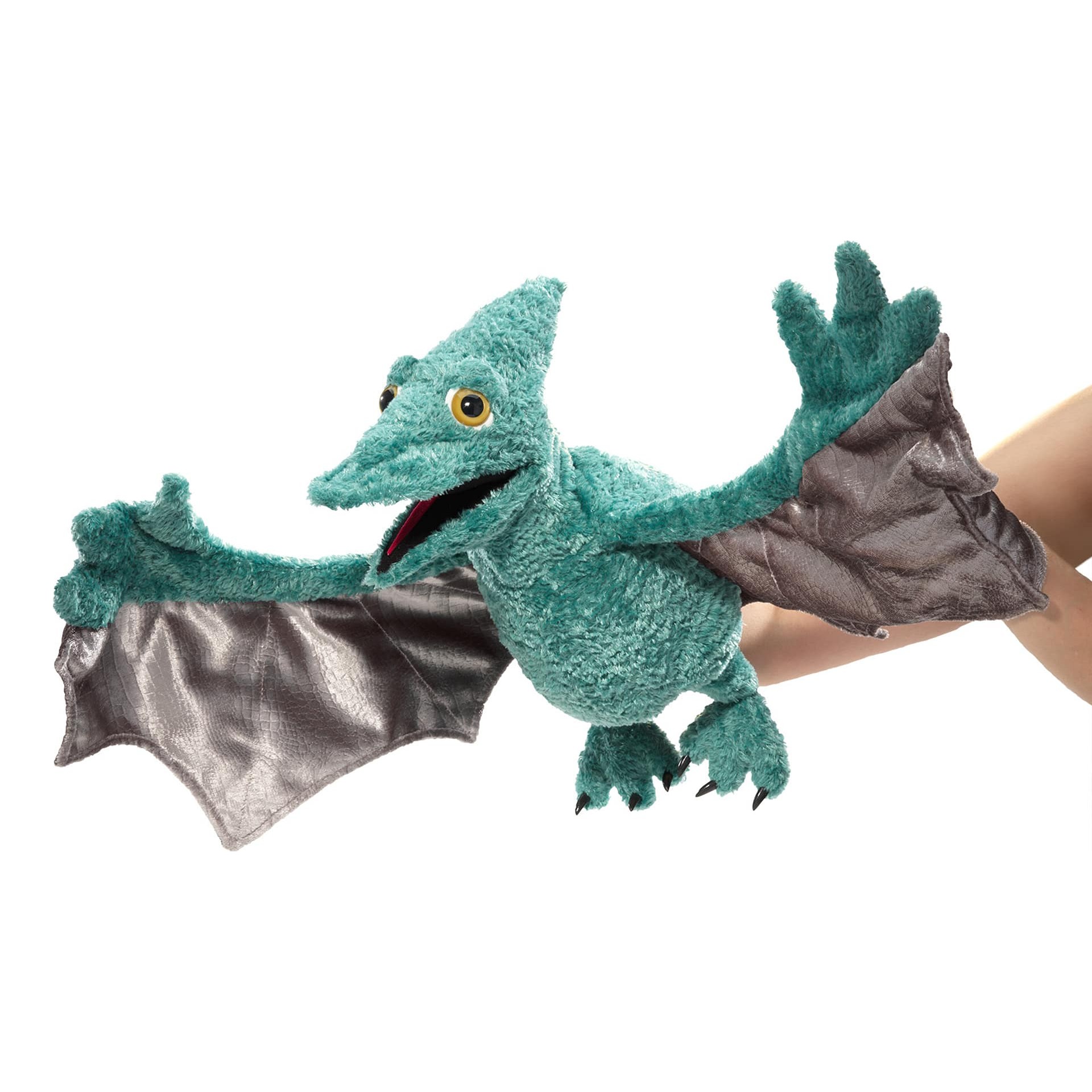 Folkmanis Handpuppe Flugsaurier in Türkis mit ausgebreiteten Flügeln aus grauem Satinstoff, geöffnetem Maul und Krallen