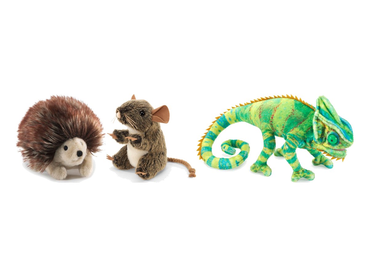 Folkmanis Fingerpuppen: Igel, Feldmaus und Chamäleon in der Mini-Größe