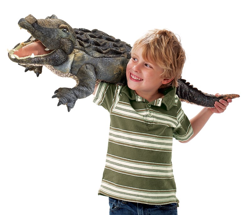 Boy holding a Folkmanis American Alligator hand puppet with open mouth over his shoulder, side view