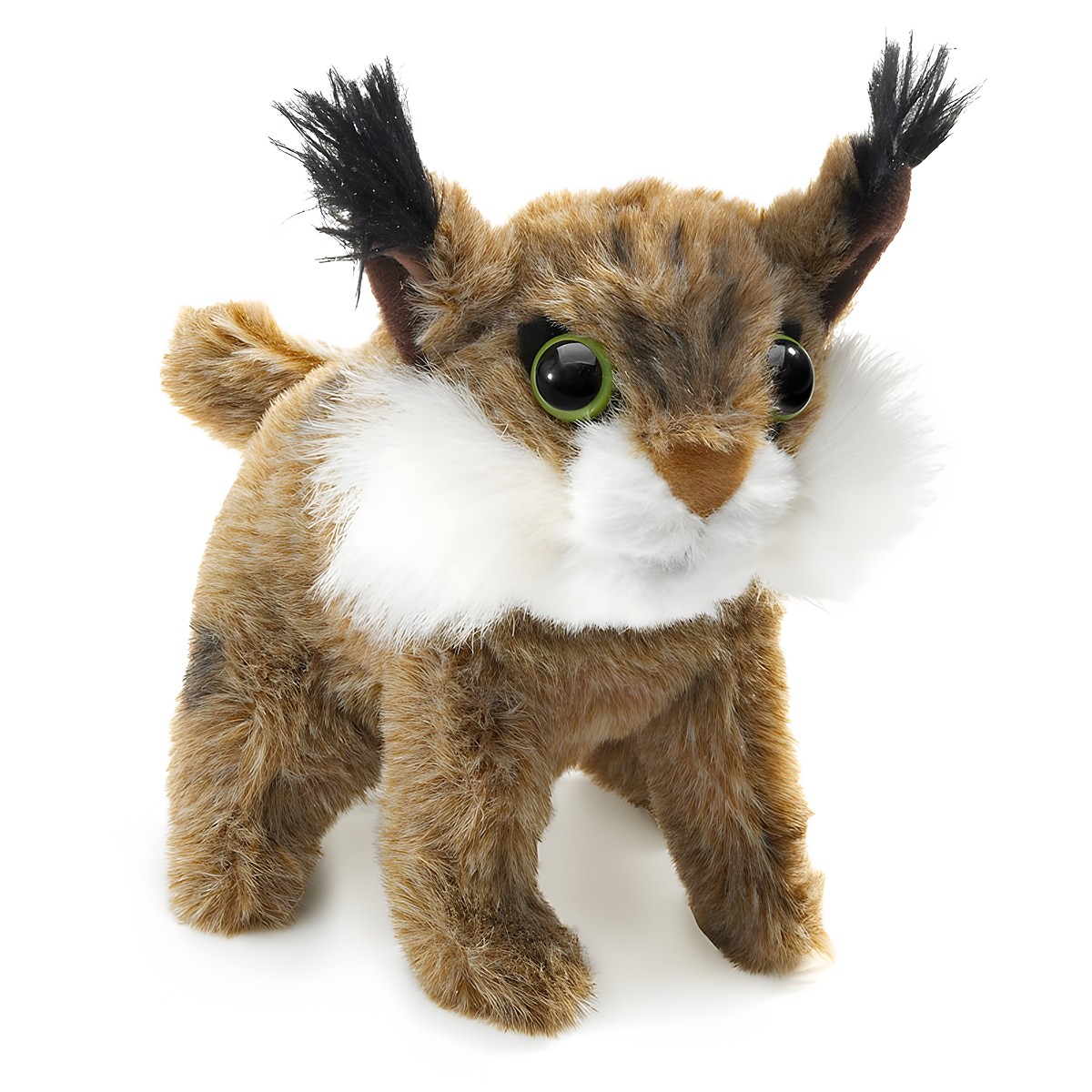 Folkmanis Fingerpuppe mini Rotluchs mit braun-gemustertem Fell, weißem Backenbart, grünen Augen und schwarzen Ohrpinseln, stehend