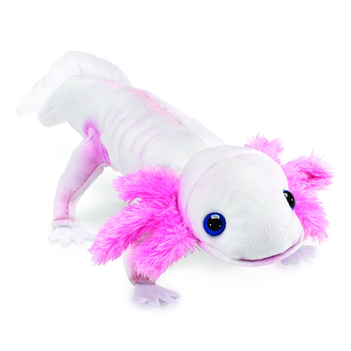 Folkmanis finger puppet axolotl in white with bright pink gill tufts and blue button eyes, angled view