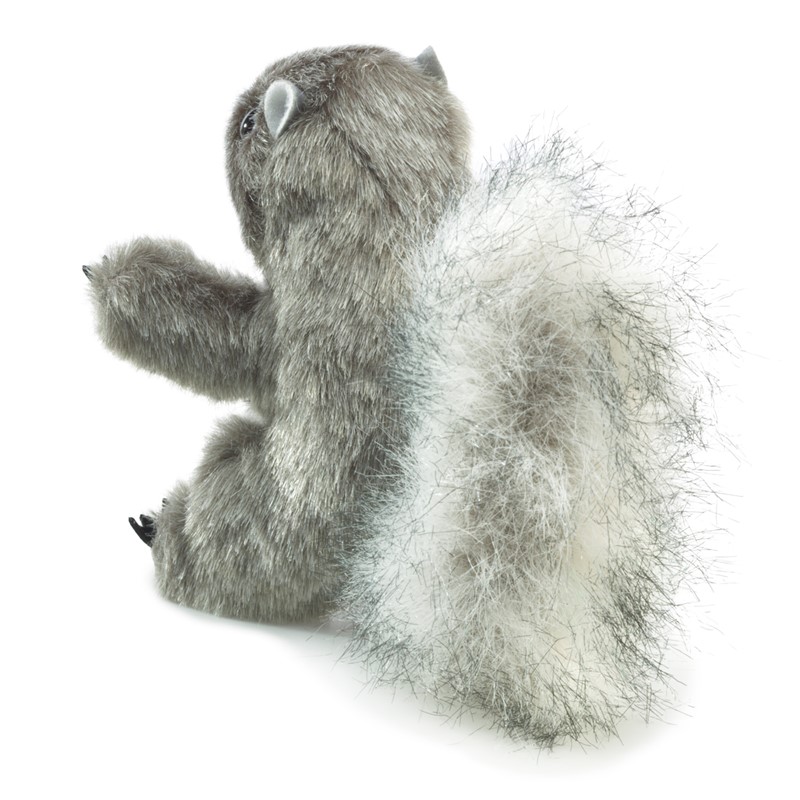 Folkmanis Fingerpuppe mini Eichhörnchen grau mit buschigem weißgrauem Schwanz, Seitenansicht von hinten