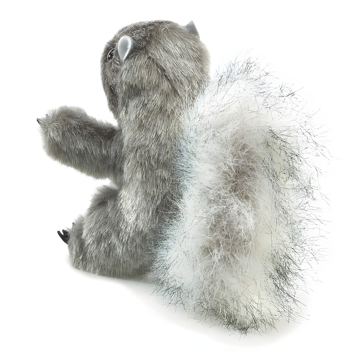Folkmanis Fingerpuppe mini Eichhörnchen grau mit buschigem weißgrauem Schwanz, Seitenansicht von hinten