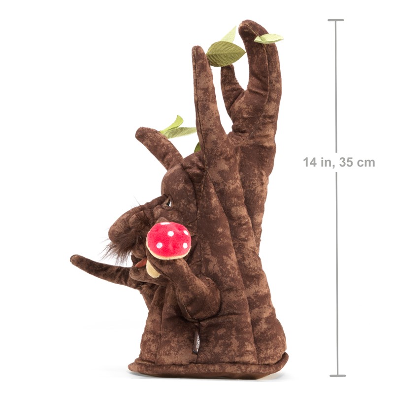Folkmanis Handpuppe Zauberhafter Baum aus braunem Plüsch mit grünen Blättern, grimmigem Gesicht und rotem Fliegenpilz, Seitenansicht, 35 cm