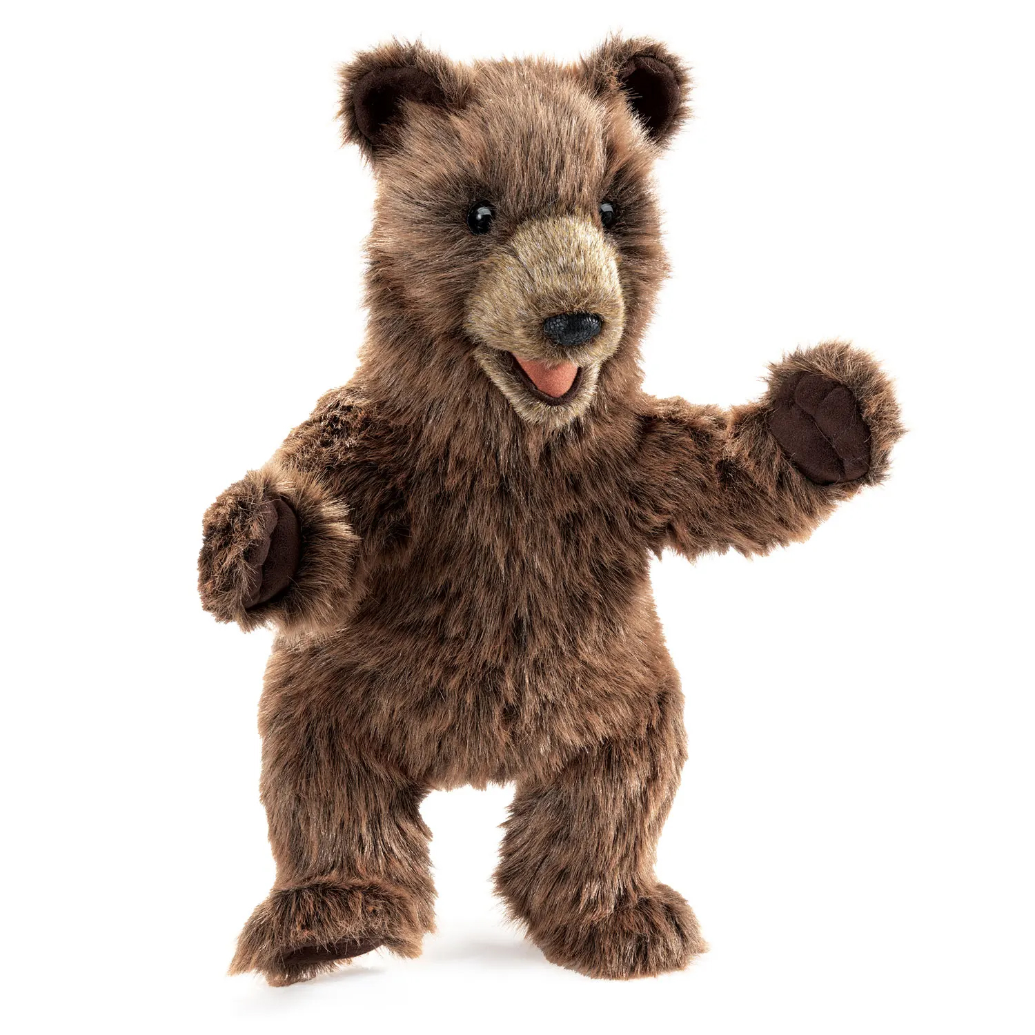 Folkmanis Handpuppe Bärenjunges aus braunem Plüsch, stehend mit geöffnetem Maul und erhobener Pfote, Frontalansicht