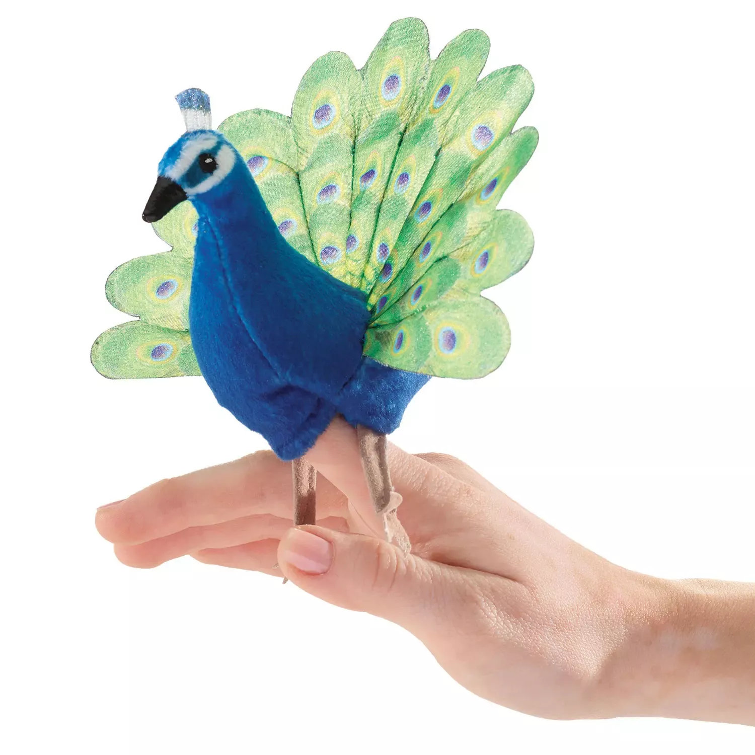 Folkmanis Fingerpuppe mini Pfau in Blau-Grün mit aufgestelltem Rad, auf einer Hand balancierend, Seitenansicht