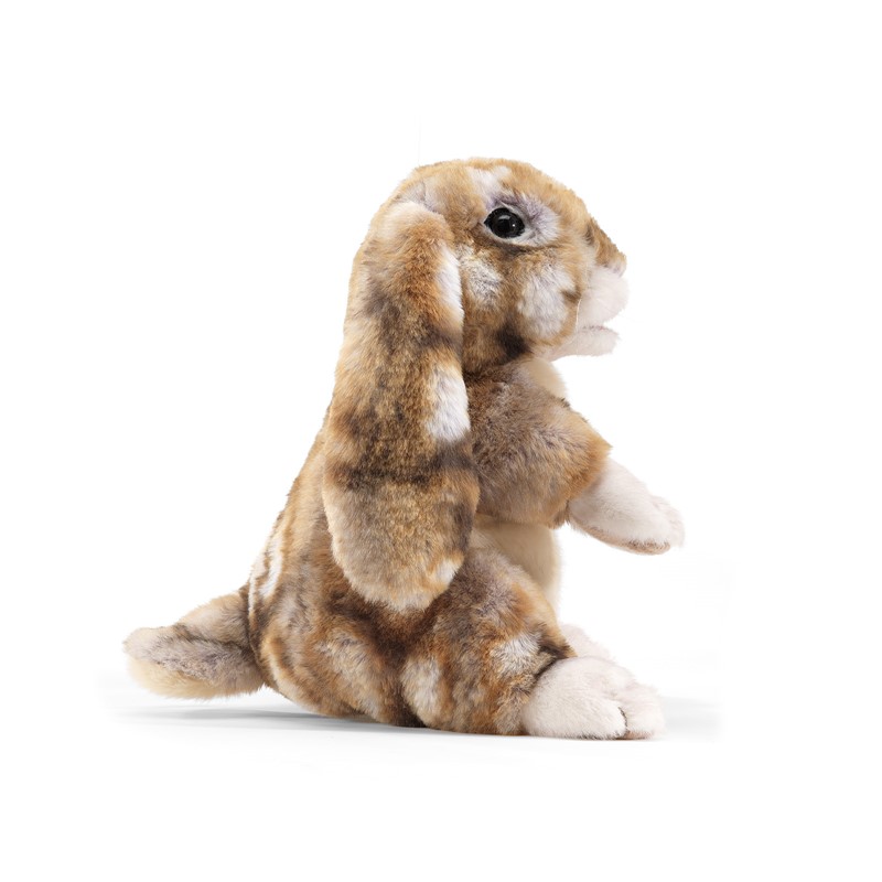 Folkmanis Handpuppe Hängeohrhase in braun-weißem Fell, sitzend mit herabhängenden Ohren, Seitenansicht