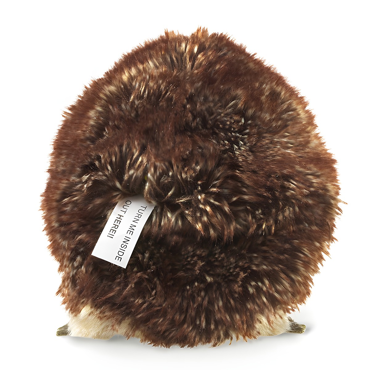 Folkmanis Igel-Handpuppe von hinten mit braun-meliertem Plüschfell und Aufschrift Turn Me Inside Out Here