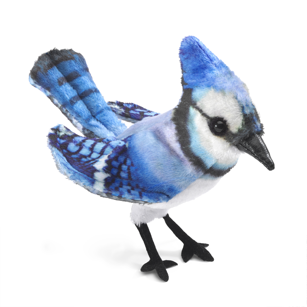 Folkmanis Fingerpuppe mini Blauhäher in Blau, Weiß und Schwarz mit geöffneten Flügeln, Haube und schwarzem Schnabel