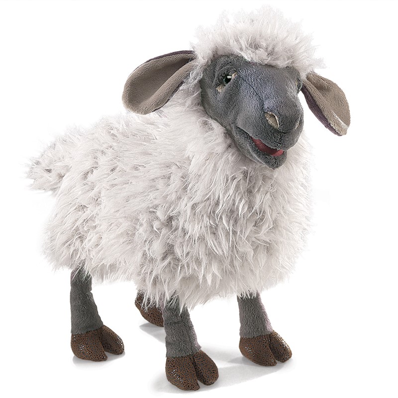 Folkmanis Handpuppe blökendes Schaf mit grauem Gesicht, weißem Wollplüsch und geöffnetem Maul, Seitenansicht
