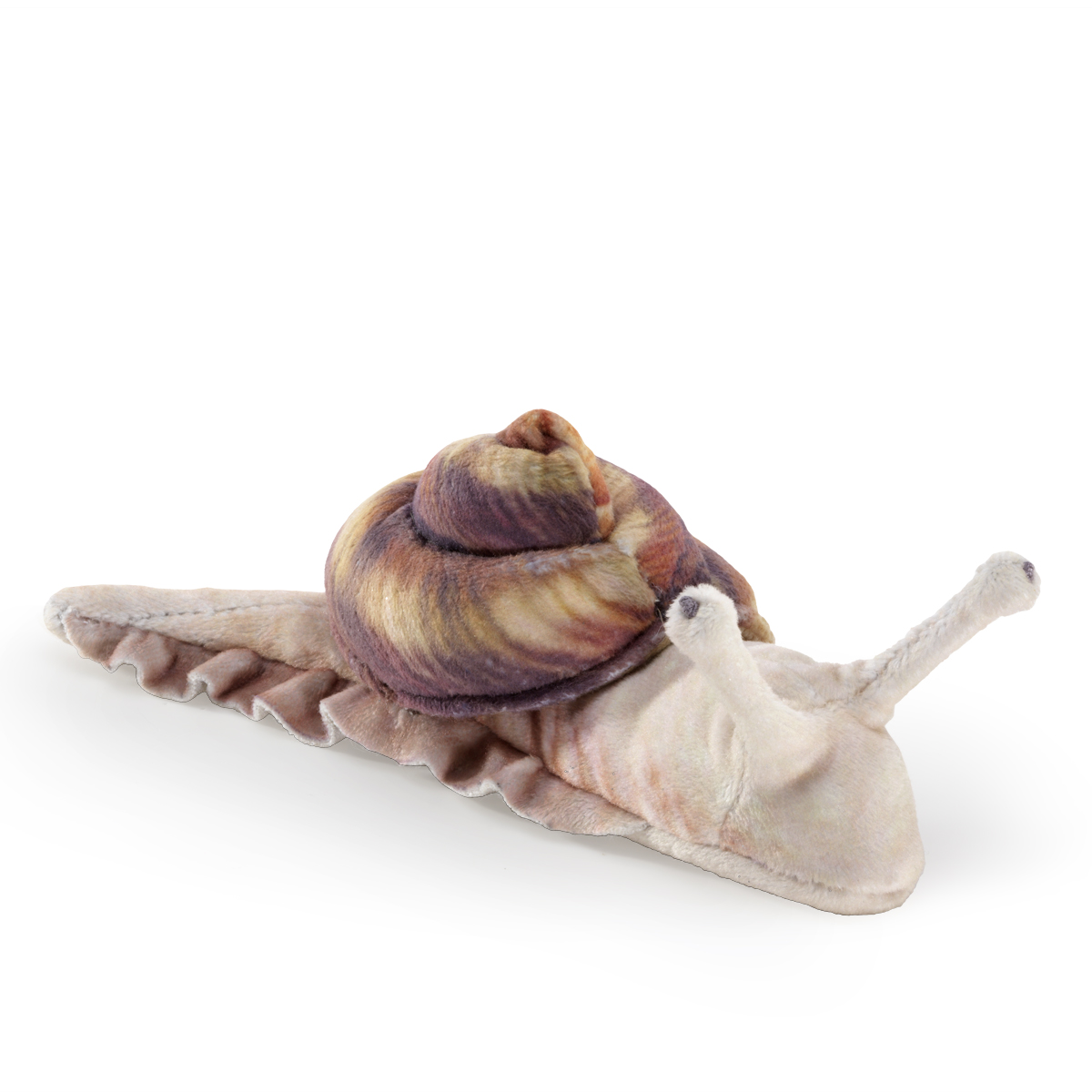 Folkmanis Mini Snail finger puppet with swirled brown shell and cream body, shown in side view
