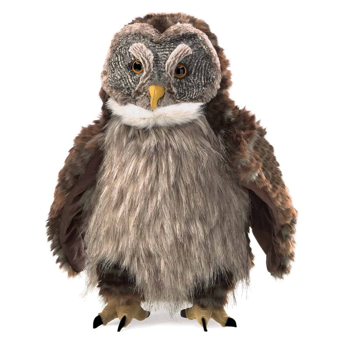 Folkmanis Handpuppe Eule, braun-grau gefleckt mit gelbem Schnabel und bernsteinfarbenen Augen, Frontalansicht