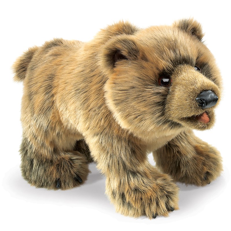 Folkmanis Handpuppe Grizzlybär in Schrittstellung, braun-meliertes Fell, schwarze Nase und leicht geöffnetes Maul, Seitenansicht