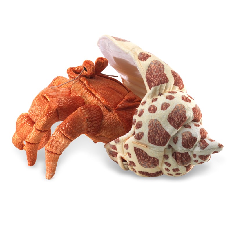 Folkmanis Handpuppe Einsiedlerkrebs in Orange mit cremefarbener Schneckenhaus-Hülle mit braunen Flecken, Schrägansicht