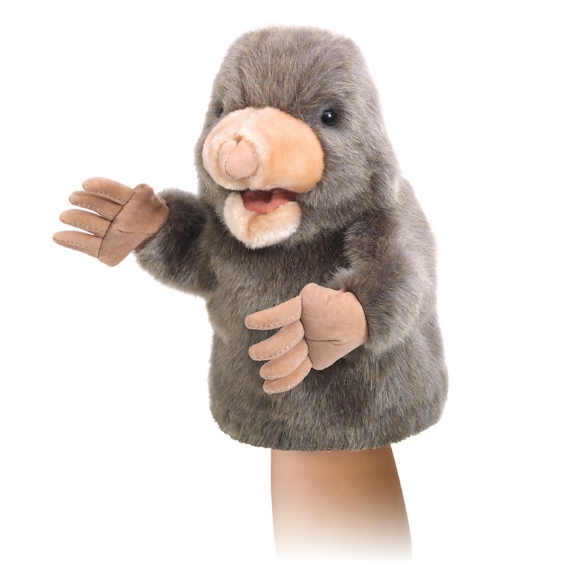 Folkmanis small mole hand puppet with grey plush fur, beige shovel nose and movable mouth, worn on hand