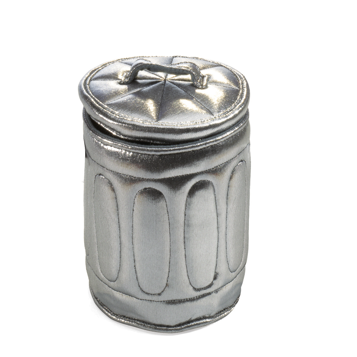 Folkmanis hand puppet raccoon in the garbage can – silver fabric trash can with removable lid and handle, front view
