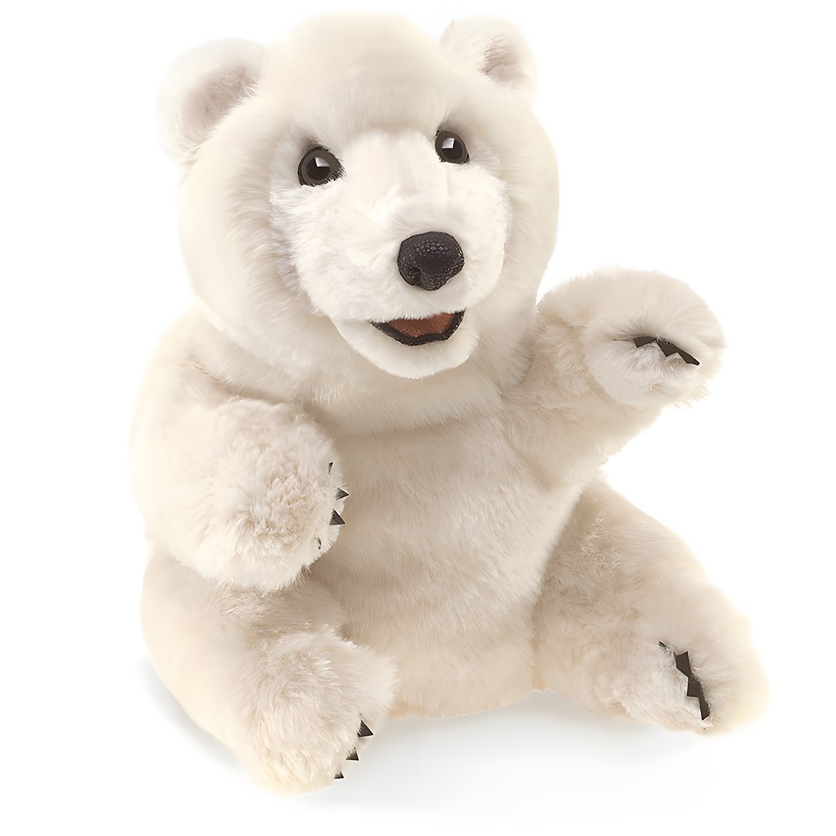 Folkmanis Handpuppe sitzender Eisbär mit geöffnetem Maul und erhobener Pranke, weißes Plüschfell, Frontalansicht