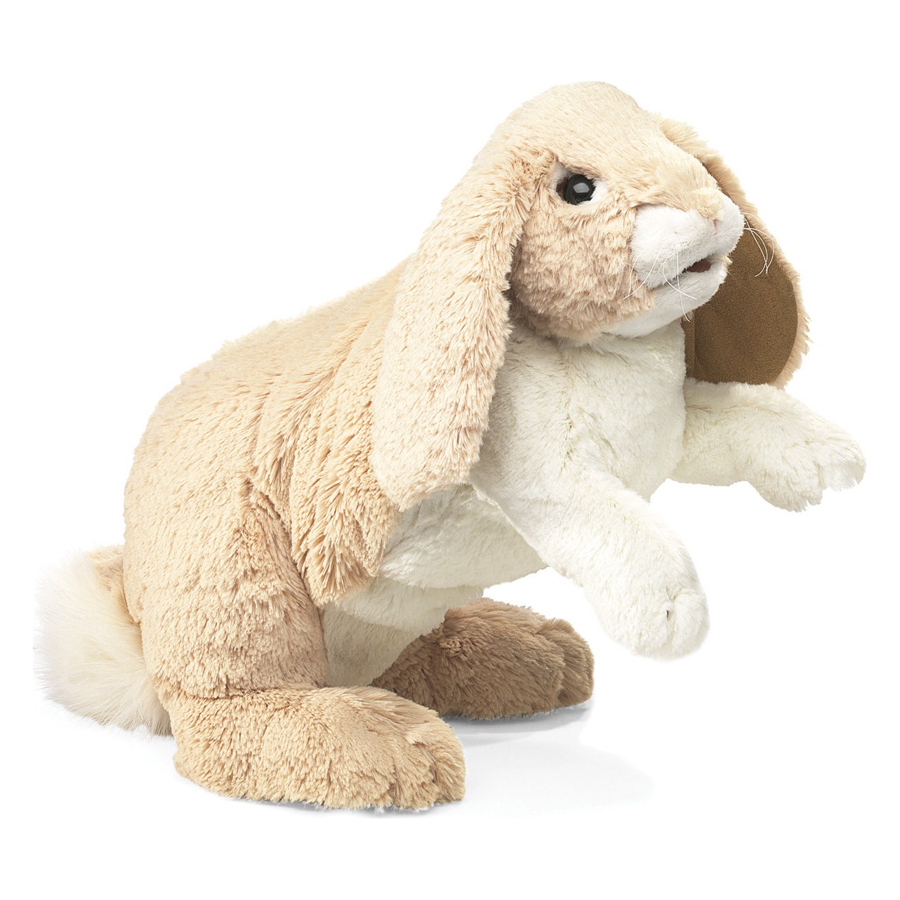 Folkmanis Handpuppe kuscheliges Kaninchen in Beige-Weiß mit langen Schlappohren, sitzend, Schrägansicht