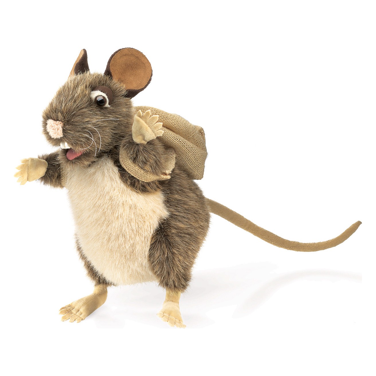 Folkmanis Handpuppe Packratte mit braunem Fell, hellem Bauch und Jutesack auf dem Rücken, stehend in Seitenansicht