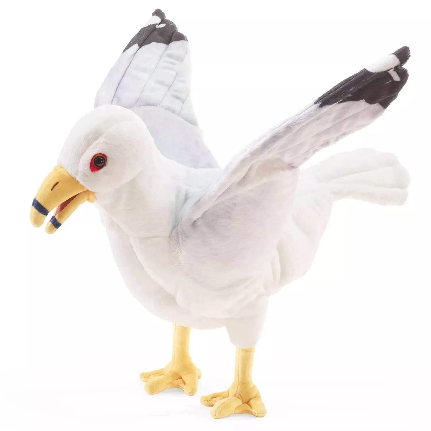 Folkmanis Möwe Handpuppe in Weiß und Grau mit geöffnetem gelbem Schnabel, roten Augen und ausgebreiteten Flügeln