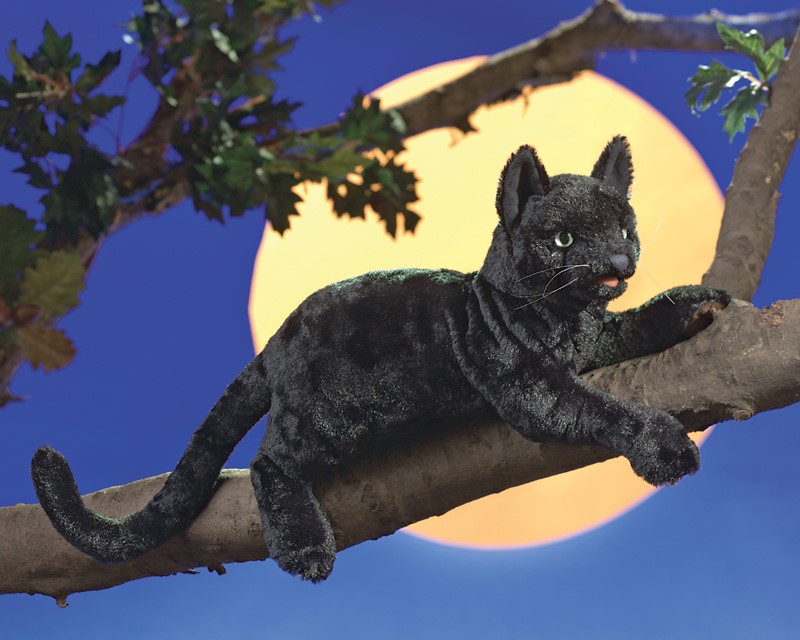 Folkmanis black cat hand puppet lying on a branch in front of a large full moon, side view