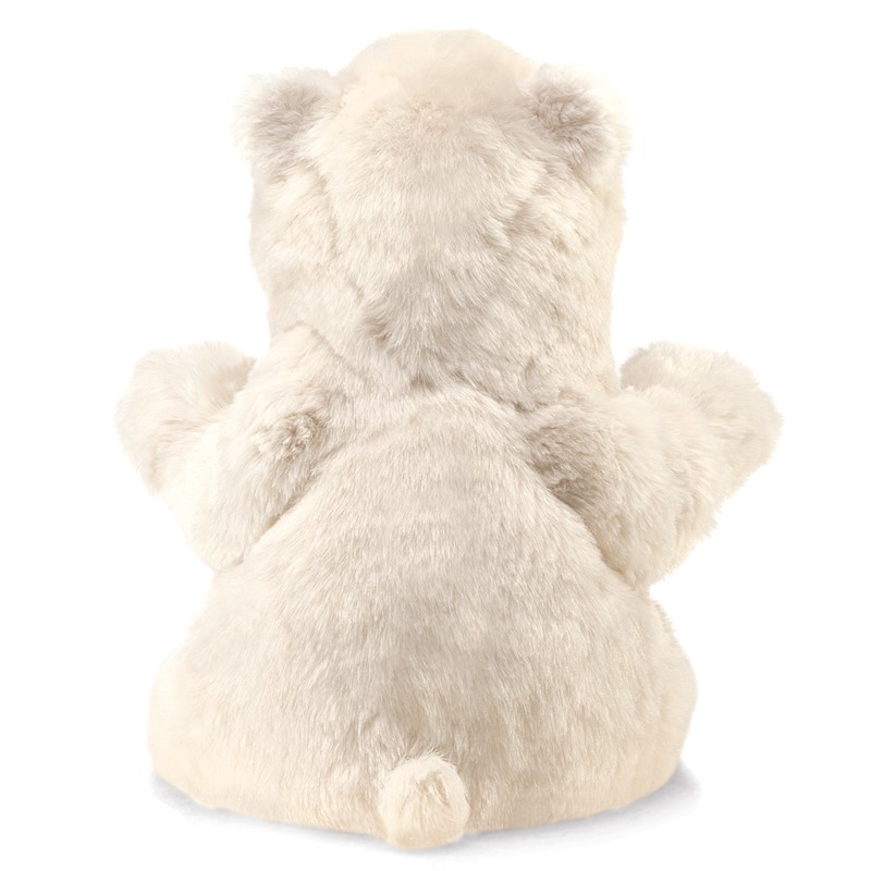 Folkmanis Handpuppe sitzender Eisbär in cremeweiß, Rückenansicht mit abstehenden Armen und rundem Schwanzansatz
