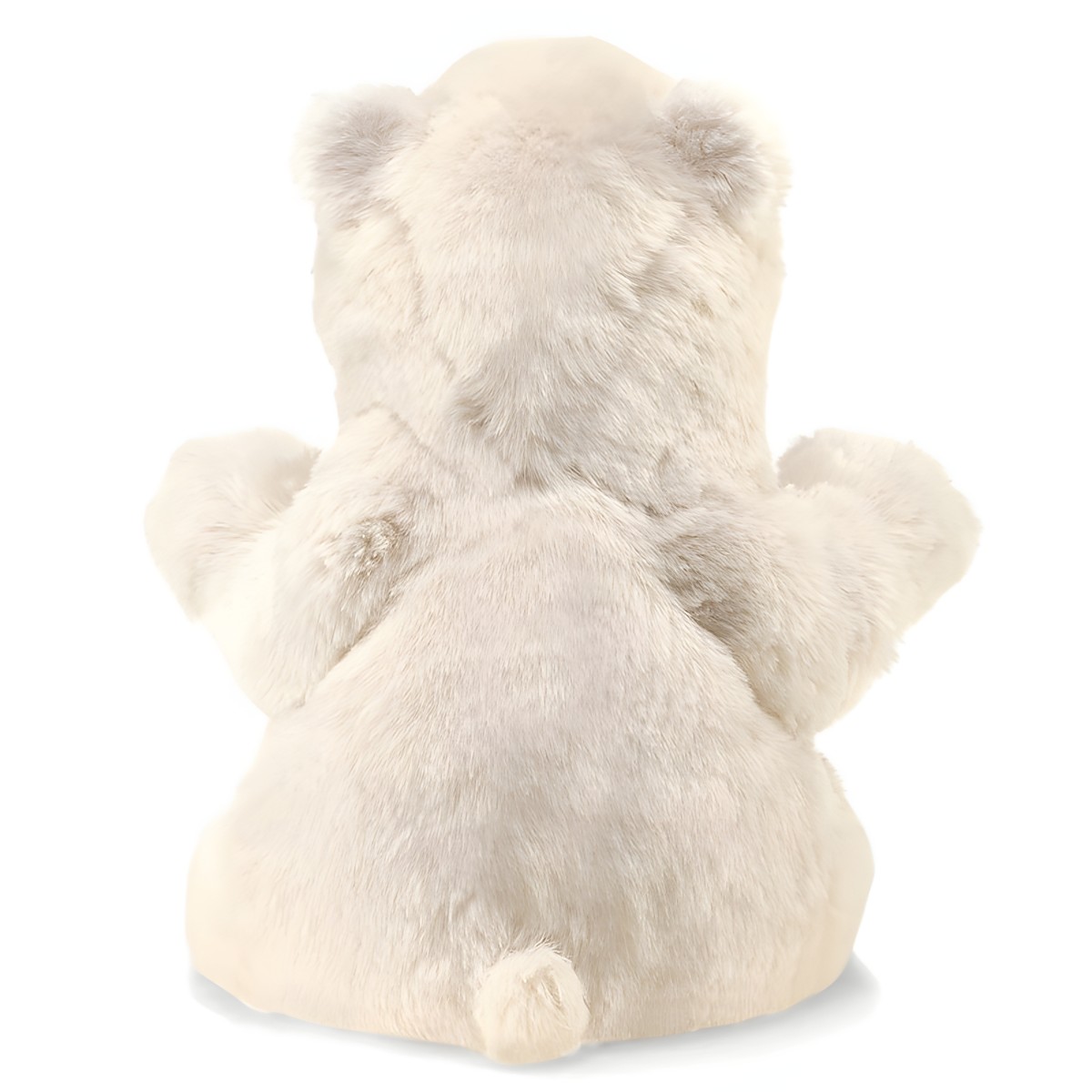 Folkmanis sitting polar bear hand puppet in cream white, back view with outstretched arms and small rounded tail base
