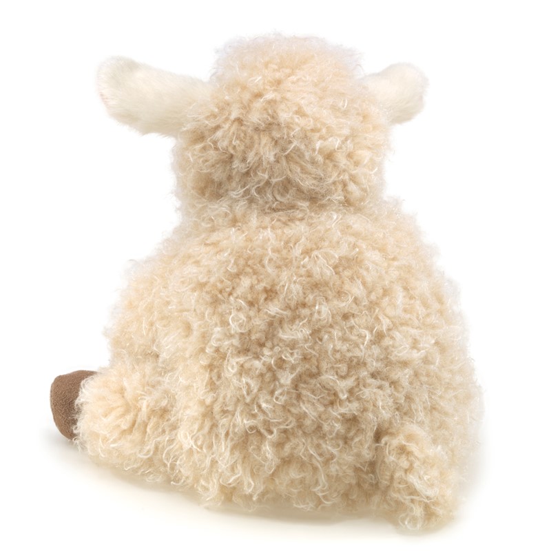 Folkmanis small lamb hand puppet with curly cream fur, rear view, sitting position