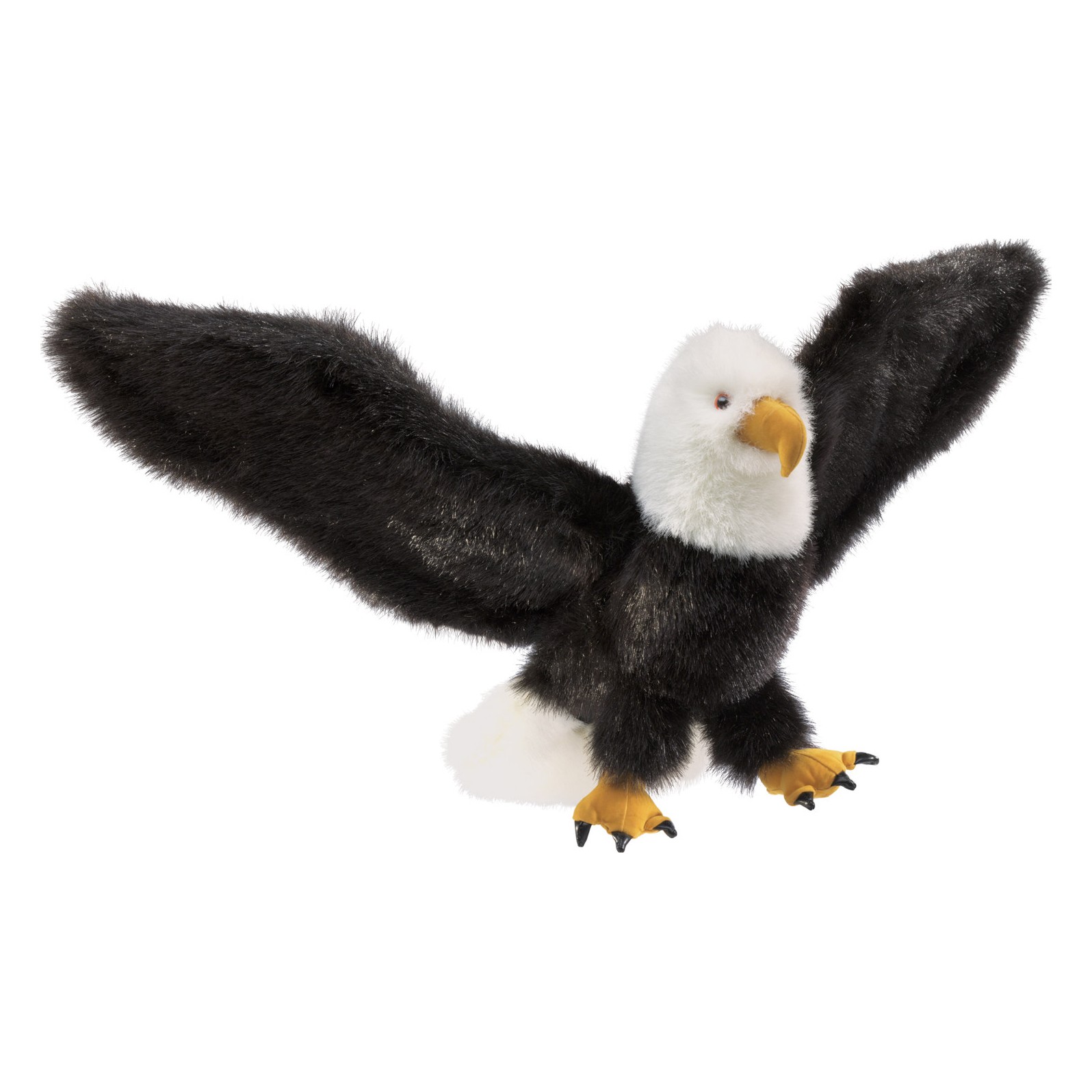Folkmanis Handpuppe Weißkopfseeadler mit weit ausgebreiteten schwarzen Flügeln, weißem Kopf und gelben Krallen, Seitenansicht