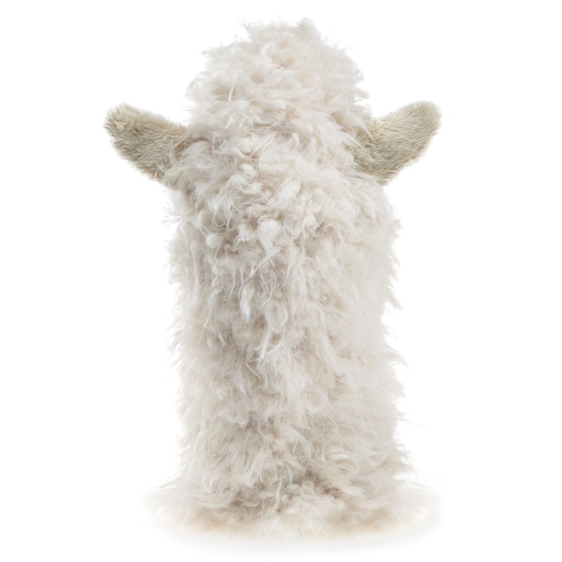 Folkmanis alpaca hand puppet seen from behind, with cream-coloured shaggy fur and small beige ears