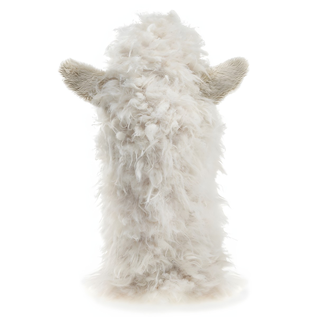Folkmanis Alpaka Handpuppe von hinten, mit cremefarbenem, zottigem Fell und kleinen beigefarbenen Ohren