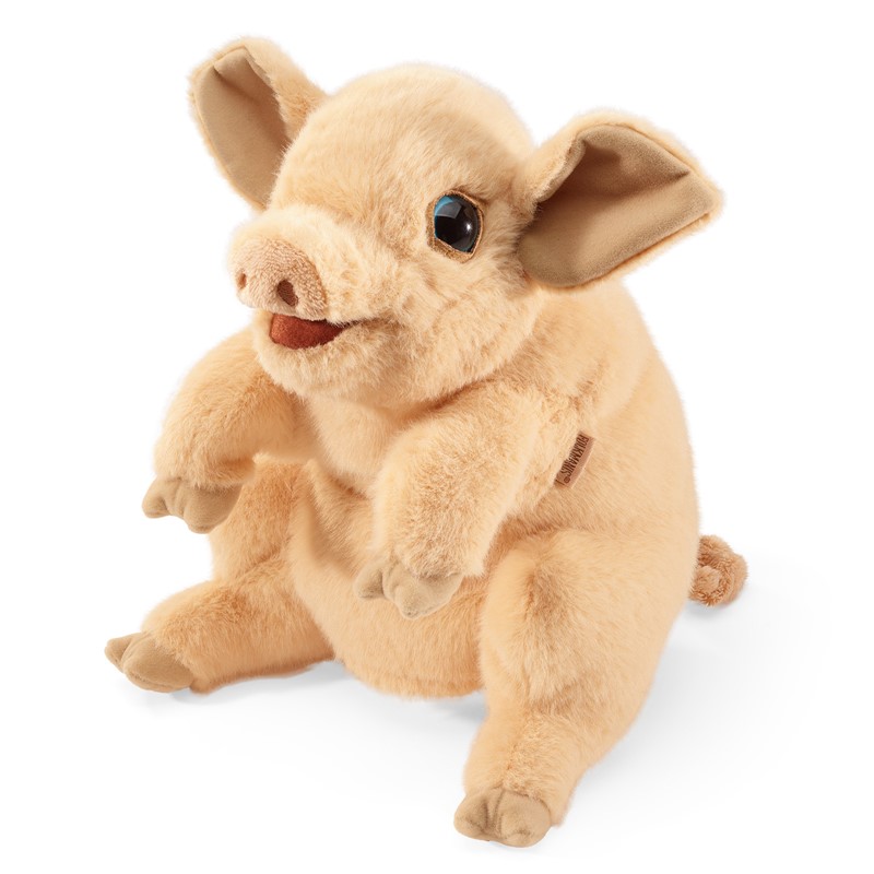 Folkmanis Handpuppe Schweinchen in hellem Beige, sitzende Pose mit beweglichem Maul, Seitenansicht