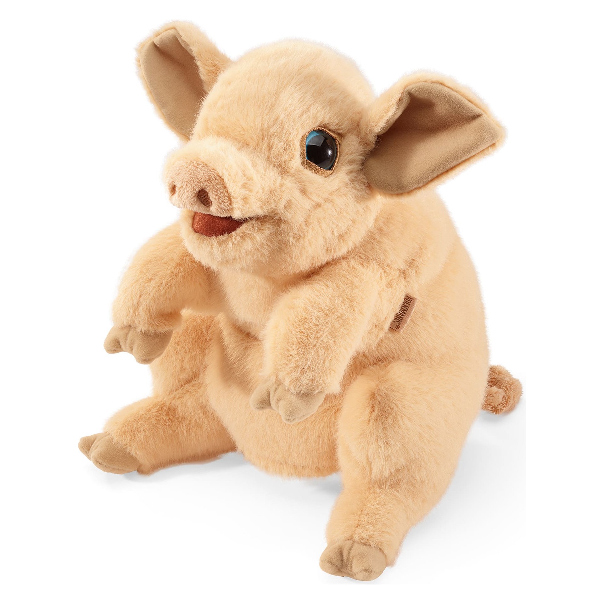 Folkmanis Handpuppe Schweinchen in hellem Beige, sitzende Pose mit beweglichem Maul, Seitenansicht