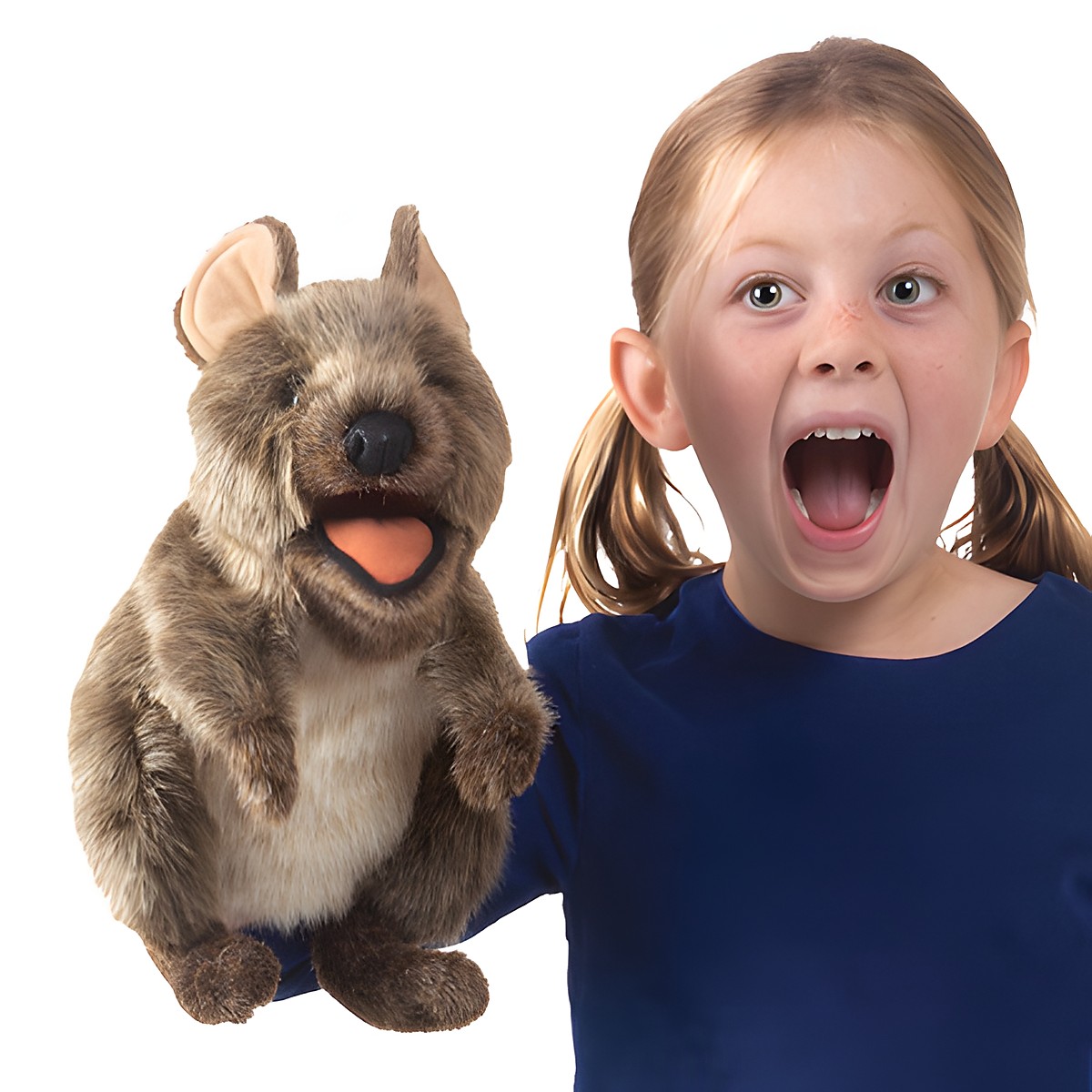 Folkmanis quokka hand puppet with open mouth, worn on the hand of a girl