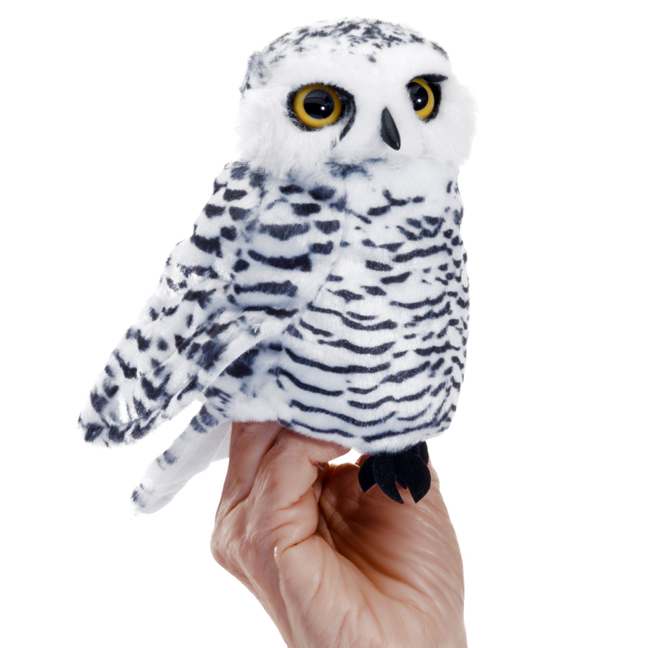 Folkmanis hand puppet small snowy owl in white with black stripes and yellow eyes, worn on a hand