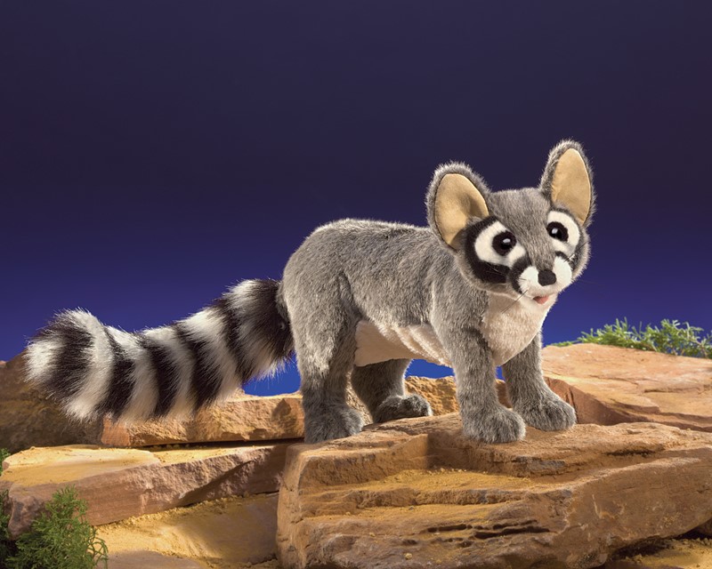 Folkmanis hand puppet ringtail cat with grey fur, black eye mask and black-and-white ringed tail, standing on sandstone rocks